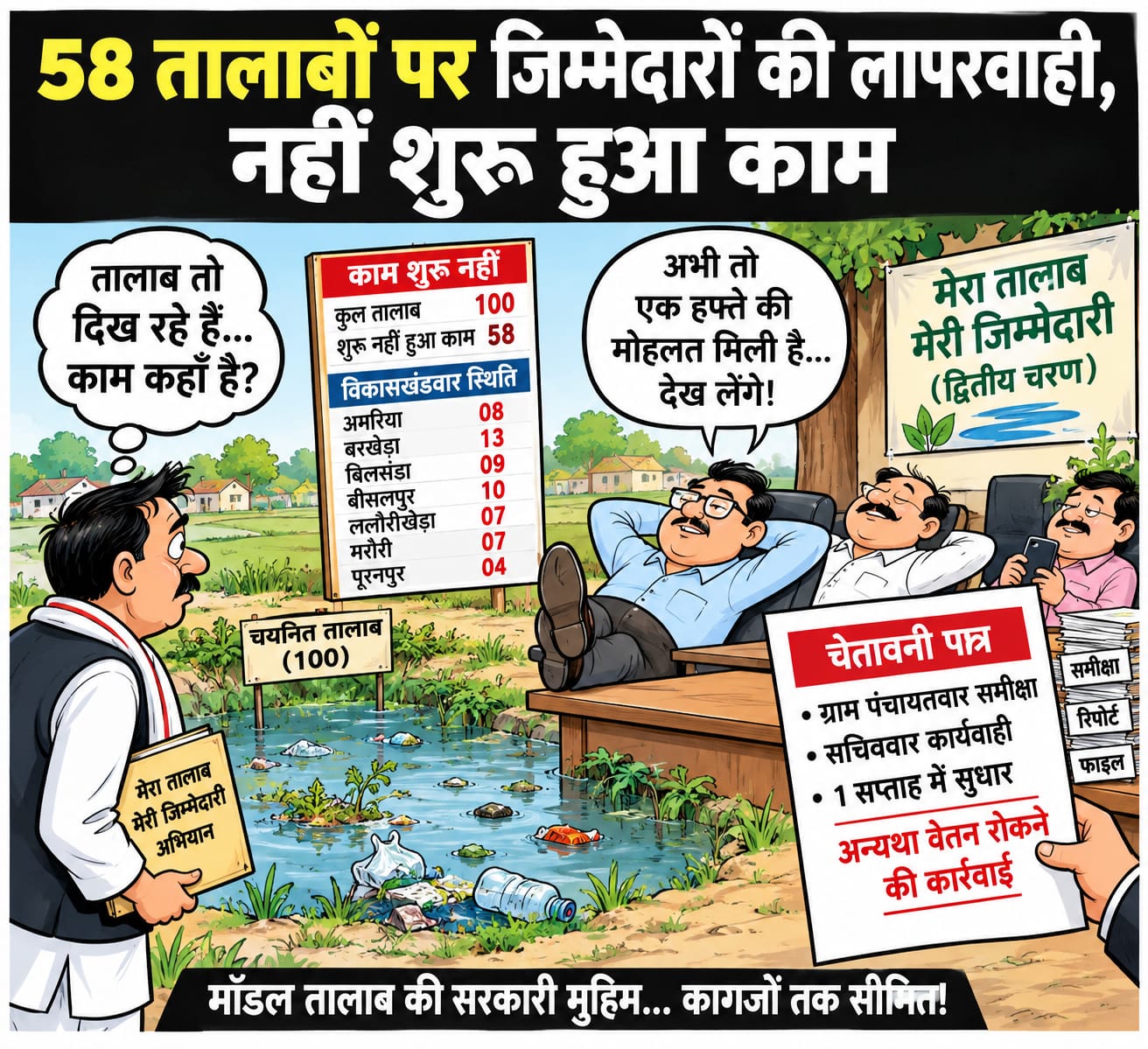 58 तालाबों पर जिम्मेदारों की लापरवाही, नहीं शुरू हुआ काम
