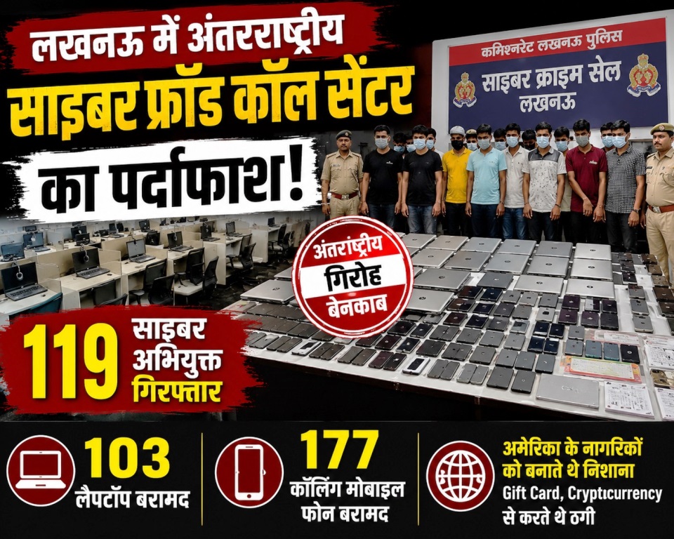 लखनऊ में अंतरराष्ट्रीय साइबर फ्रॉड कॉल सेंटर का भंडाफोड़, 119 आरोपी गिरफ्तार; 103 लैपटॉप और 177 मोबाइल बरामद